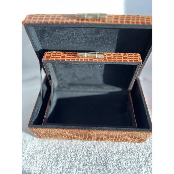 S/2 Vegan Crocodile Decorative Boxes Brown Umber Jewelry Storage Lined Home NICE - Picture 11 of 16
